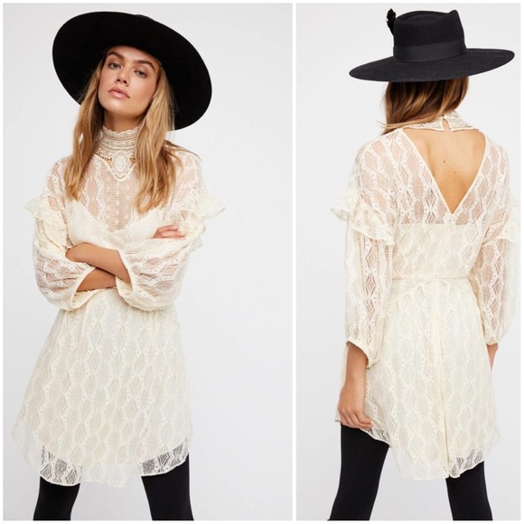 Free People Womens Lace Overlay Mock Neck Broadway Blue Mini Dress - Picture 11 of 12